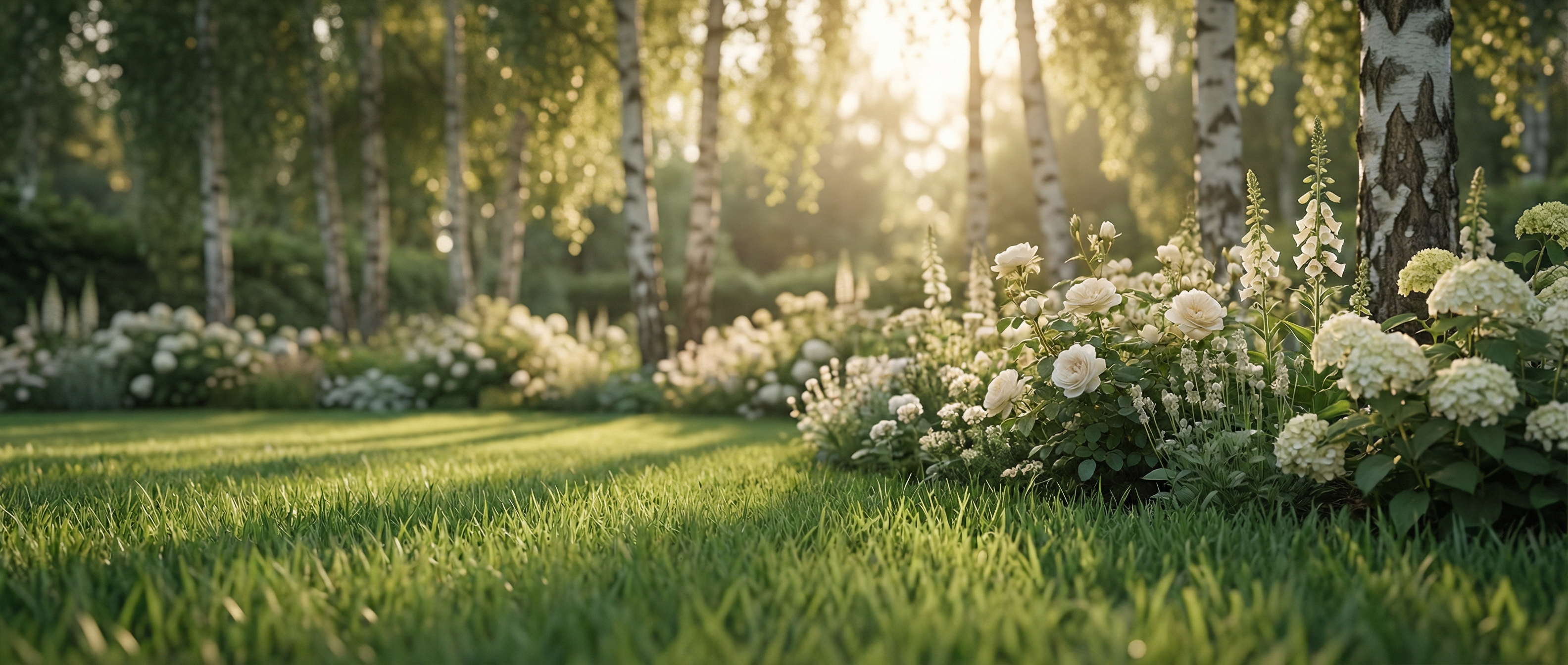 Naplemente kerti panoráma virágzó fehér rózsákkal, hortenziákkal és gondozott pázsittal – Hobby Garden